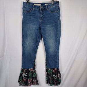 Anthropologie Pilcro Jeans 27 Boho Embroidered Ruffle Hem Floral Denim